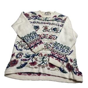 Tiara International Women's Sz L Floral Chunky Knit Sweater Ramie/Cotton VTG SEE